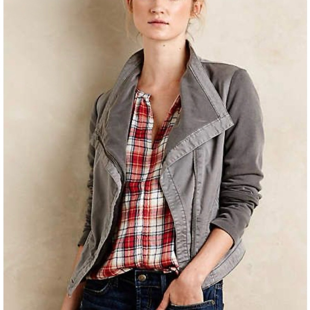 Marrakech Anthropologie gray draped moto jacket S cropped stretch cotton
